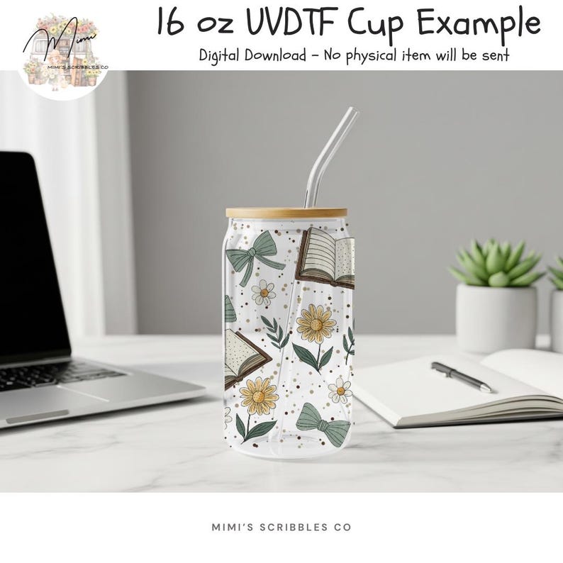 Book Lover UVDTF Can Wrap 16oz PNG | Coffee Books Daisy Bow Libbey Glass Design | Cute Reader Aesthetic Sublimation Wrap image 6