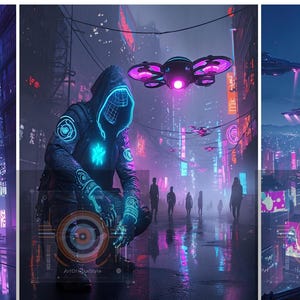 Cyberpunk Digital Art Bundle | Futuristic Sci-Fi Wall Art | Neon Cityscape Printable Poster Set | High-Resolution Instant Download