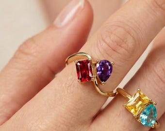 Custom Toi et Moi Birthstone Ring, Mother Daughter Ring, Double Stone Ring, Emerald Pear Cut S Shape Ring, Personalized Gift for Her