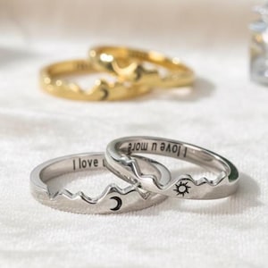 Engraved Sun  Moon Couple Ring: Mountain Design silver match rings ,Personalized Anniversary Jewelry