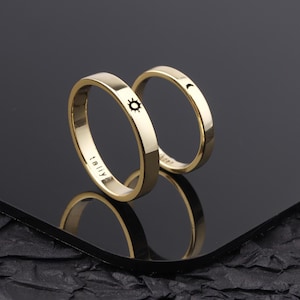 Sun  Moon Couple Rings: Engraved 925 Sterling Silver &Brass Promise Bands, Custom Celestial Jewelry