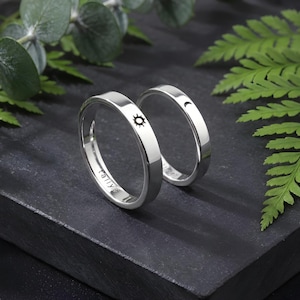 Anillos de Sol y Luna, anillos de pareja de plata de ley 925 grabados, anillos a juego para él y para ella, juego de anillos de compromiso personalizados, regalo de amistad