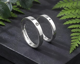 Anillos de sol y luna, anillos de pareja de plata de ley grabados, conjunto de alianzas a juego.
