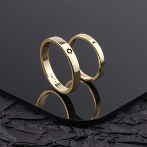 Sun Moon Couple Rings Engraved, Personalized Promise Ring, 925 Sterling Silver &Brass Bands , Custom Celestial Jewelry Gift for Couples