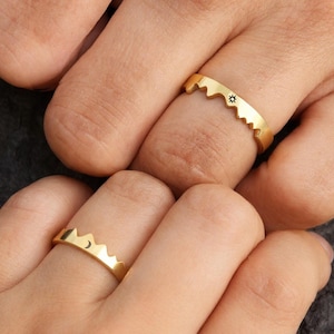 Sun & Moon Mountain Couple Rings: Engraved Sterling Silver Matching Bands,  Irregular design Promise Ring