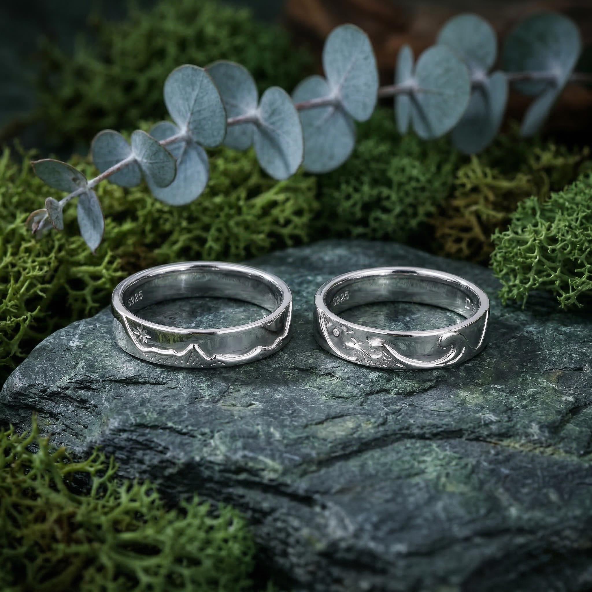 Sterling Silver Mountain Ring Wave Band Matching Couple Set