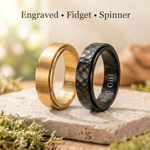 Engraved Black Fidget Spinner Ring, Anxiety Relief Ring for Couples, Hammered Brushed Stainless Steel Band, Silver Gold Rose Gold Available