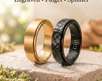 Anillo giratorio antiestrés negro grabado, anillo para aliviar la ansiedad en parejas, banda de acero inoxidable cepillado martillado, disponible en plata, oro y oro rosa.