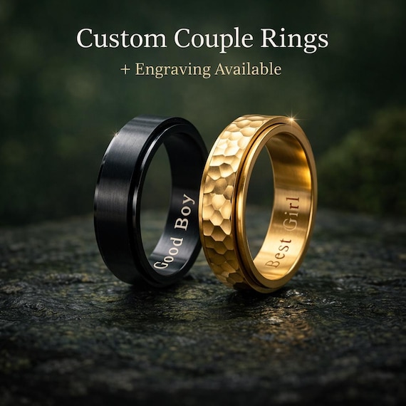 Spinner Ring for Couples, Fidget Ring Set, Modern Hammered Black His and Hers Band