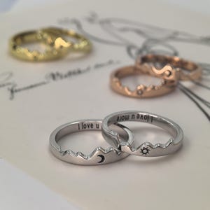 Engraved Sun  Moon Couple Ring: Mountain Design silver match rings ,Personalized Anniversary Jewelry