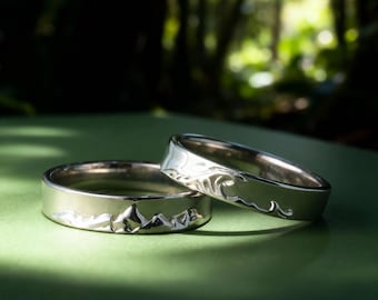 Anelli in argento sterling con motivo a onde di montagna, anelli coordinati incisi per coppie, regalo ispirato alla natura per gli amanti della vita all'aria aperta, regalo per la festa del papà