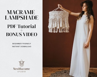 Patrón de lámpara de araña de macramé en PDF, tutorial para pantalla de lámpara estilo boho DIY, guía detallada paso a paso.