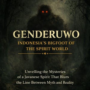 Puede incluir: Imagen oscura con la palabra "GENDERUWO" en oro. El texto debajo dice "INDONESIA'S BIGFOOT OF THE SPIRIT WORLD". Una figura sombría con ojos rojos en el fondo. También incluye el texto "Unveiling the Mysteries of a Javanese Spirit".