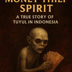 May include: A book cover featuring the text THE MONEY THIEF SPIRIT A TRUE STORY OF TUYUL IN INDONESIA in gold lettering against a dark brown background. Below the text is an illustration of a pale, gaunt creature holding a fan of paper money.