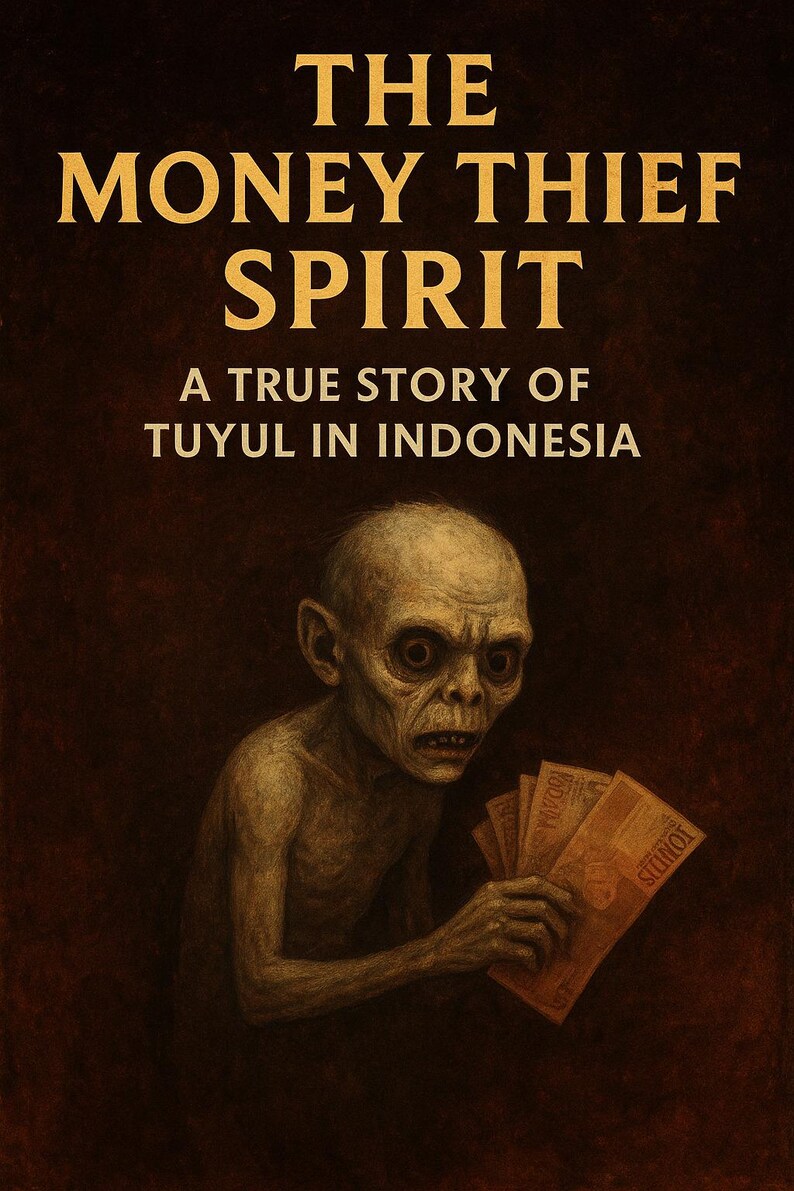 May include: A book cover featuring the text THE MONEY THIEF SPIRIT A TRUE STORY OF TUYUL IN INDONESIA in gold lettering against a dark brown background. Below the text is an illustration of a pale, gaunt creature holding a fan of paper money.