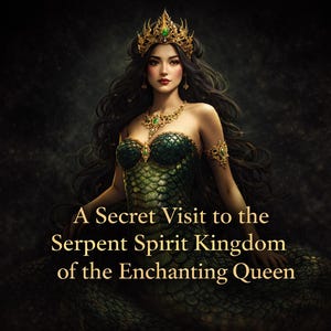 Puede incluir: Arte digital de una mujer con cabello largo y oscuro, con una corona y joyas de oro. Viste un corpiño y una falda verdes con forma de escamas. La imagen tiene el texto: "A Secret Visit to the Serpent Spirit Kingdom of the Enchanting Queen."