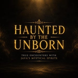 May include: A graphic design featuring the gold-colored text HAUNTED BY THE UNBORN in a serif font, with the subtitle TRUE ENCOUNTERS WITH JAVA'S MYSTICAL SPIRITS below it. The text is centered against a dark, textured background with gold light.