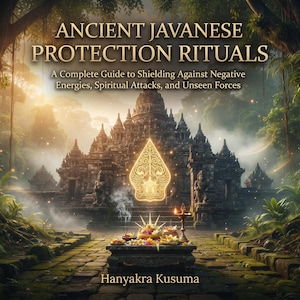 Könnte beinhalten: Ein Buchcover mit dem Titel ANCIENT JAVANESE PROTECTION RITUALS: A Complete Guide to Shielding Against Negative Energies, Spiritual Attacks, and Unseen Forces von Hanyakra Kusuma, das einen Steintempel, ein goldenes Symbol und einen Altar zeigt.
