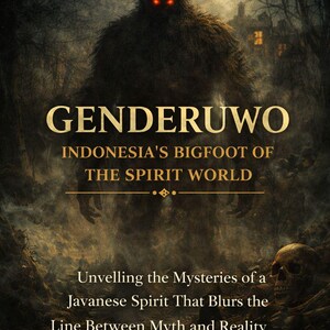 May include: A dark, hairy, humanoid figure with glowing red eyes stands in a misty forest. The text reads: GENDERUWO, INDONESIA'S BIGFOOT OF THE SPIRIT WORLD, Unvelling the Mysteries of a Javanese Spirit That Blurs the Line Between Myth and Reality.