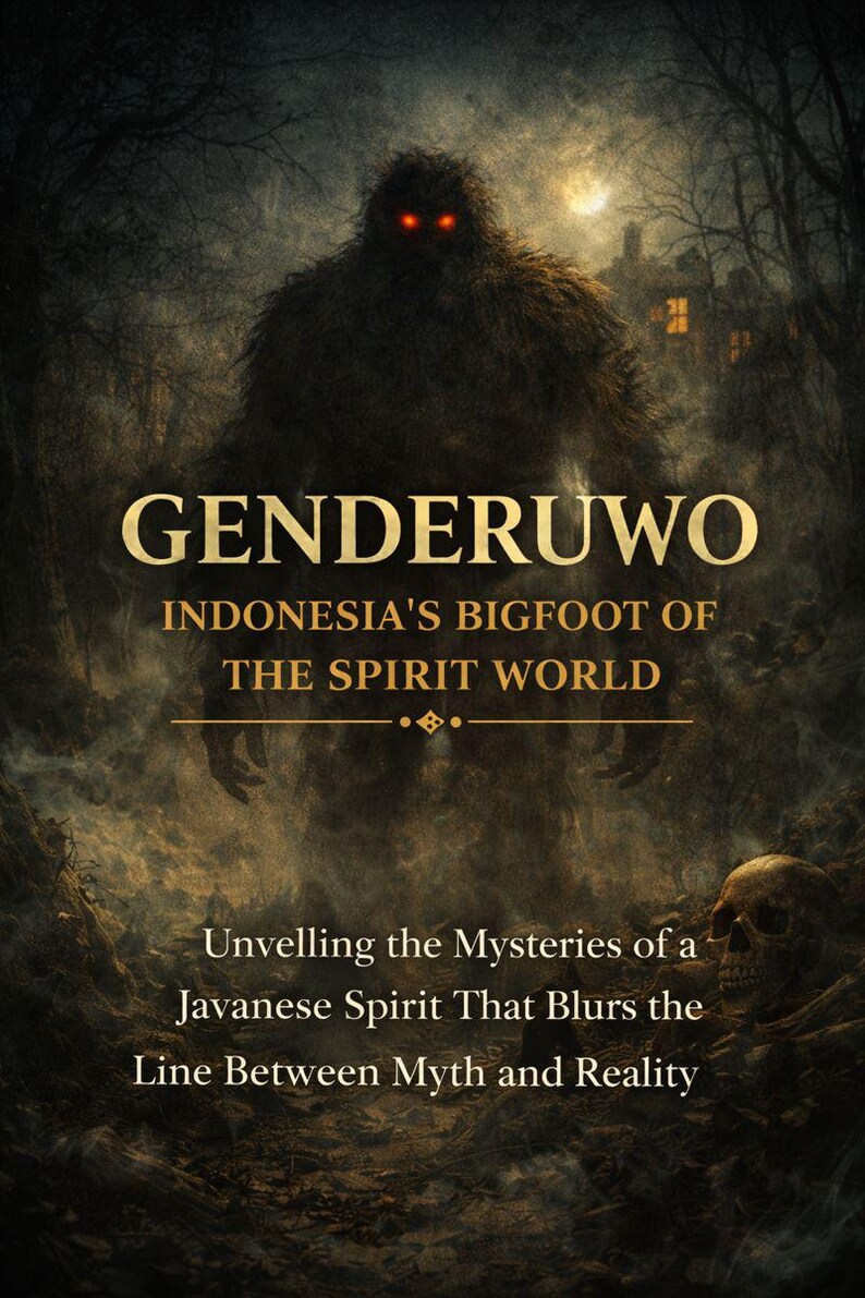 May include: A dark, hairy, humanoid figure with glowing red eyes stands in a misty forest. The text reads: GENDERUWO, INDONESIA'S BIGFOOT OF THE SPIRIT WORLD, Unvelling the Mysteries of a Javanese Spirit That Blurs the Line Between Myth and Reality.