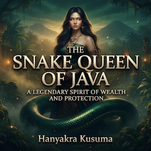 May include: A digital illustration featuring a woman with long dark hair standing behind a large green snake. The text reads THE SNAKE QUEEN OF JAVA, A LEGENDARY SPIRIT OF WEALTH AND PROTECTION, and Hanyakra Kusuma, set against a dark jungle background.
