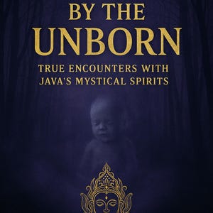 May include: A book cover with a dark purple background featuring the gold text HAUNTED BY THE UNBORN TRUE ENCOUNTERS WITH JAVA'S MYSTICAL SPIRITS. A faint, ghostly image of an infant is centered, with a gold ornate decorative emblem at the bottom.