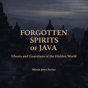 May include: A dark, atmospheric image featuring ancient structures silhouetted against a misty backdrop. The text "FORGOTTEN SPIRITS OF JAVA" is prominently displayed in gold lettering, with additional text below. The image evokes a sense of mystery.