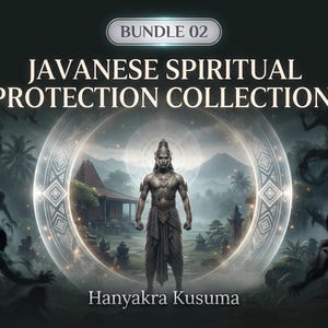 Puede incluir: Una ilustración digital titulada BUNDLE 02 JAVANESE SPIRITUAL PROTECTION COLLECTION Hanyakra Kusuma que muestra una figura central con vestimenta tradicional dentro de un portal circular brillante, rodeada de siluetas oscuras en un paisaje brumoso.