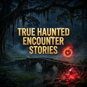 May include: A digital illustration featuring the gold text TRUE HAUNTED ENCOUNTER STORIES centered over a stone bridge in a misty landscape. A glowing red orb floats near the bridge, and a cluster of sharp, luminous red crystals sits in the foreground.
