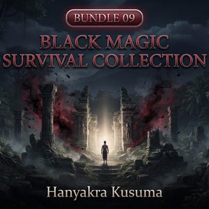 Op de afbeelding: Een digitale illustratie getiteld BUNDLE 09 BLACK MAGIC SURVIVAL COLLECTION door Hanyakra Kusuma, met een eenzame figuur voor oude stenen ruïnes in de nacht, omringd door donkere rode rook en een heldere centrale lichtbron.