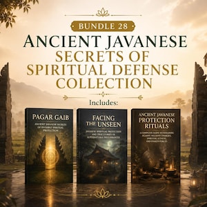 Peut inclure: Un ensemble numérique intitulé Bundle 28 Ancient Javanese Secrets of Spiritual Defense Collection comprenant trois livres : Pagar Gaib, Facing the Unseen et Ancient Javanese Protection Rituals, présentés devant un portail de temple traditionnel.