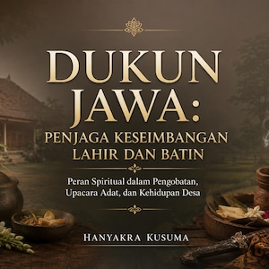 Puede incluir: Una portada de libro titulada DUKUN JAWA: PENJAGA KESEIMBANGAN LAHIR DAN BATIN de Hanyakra Kusuma. El diseño presenta un fondo oscuro y atmosférico con una casa tradicional, una vasija de barro, humo de incienso y elementos florales en tonos cálidos.