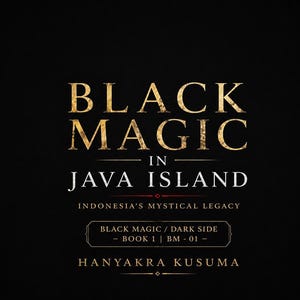 以下が含まれることがあります： 黒い背景に、金色の文字で「BLACK MAGIC IN JAVA ISLAND」と書かれた本の表紙。 タイトルの下には「INDONESIA'S MYSTICAL LEGACY」という文字があります。 追加のテキストには「BLACK MAGIC / DARK SIDE - BOOK 1 | BM - 01 - HANYAKRA KUSUMA」が含まれています。