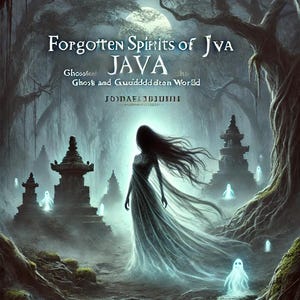 Könnte beinhalten: Digitale Kunstillustration einer Fantasy-Szene. Das Bild zeigt eine Frau in einem fließenden Kleid, umgeben von leuchtenden Geistern und alten Strukturen. Der Titel "Forgotten Spirits of JAVA" ist prominent dargestellt.