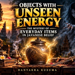 Op de afbeelding: Een boekomslag getiteld OBJECTS WITH UNSEEN ENERGY THE MYSTERY OF EVERYDAY ITEMS IN JAVANESE BELIEF door HANYAKRA KUSUMA. De afbeelding toont een versierde bronzen pot met gouden licht, een dolk, wierook en een spookachtige figuur.