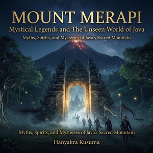 May include: A book cover titled MOUNT MERAPI Mystical Legends and The Unseen World of Java. The illustration depicts a glowing stone gate, a volcanic mountain with lava at the peak, and figures carrying flags in a dark, misty forest setting.