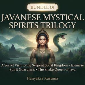 May include: A digital illustration titled BUNDLE 01 JAVANESE MYSTICAL SPIRITS TRILOGY featuring a central figure in traditional attire with a large green serpent, set against a mountainous landscape with text including A Secret Visit to the Serpent Spirit Kingdom, Javanese Spirit Guardians, The Snake Queen of Java, and Hanyakra Kusuma.