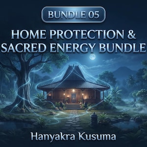 以下が含まれることがあります： Hanyakra Kusumaによる「BUNDLE 05 HOME PROTECTION & SACRED ENERGY BUNDLE」というタイトルのデジタルグラフィック。夜の満月の下、木々に囲まれた伝統的な家屋と、森の中で輝く青いエネルギーの渦が描かれています。