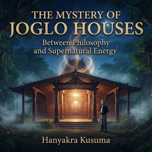 Pode incluir: Uma capa de livro intitulada The Mystery of Joglo Houses: Between Philosophy and Supernatural Energy por Hanyakra Kusuma, apresentando uma casa tradicional de madeira Joglo numa floresta enevoada com uma pessoa em frente à estrutura.