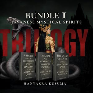 May include: Bundle I: Javanese Mystical Spirits Trilogy. The image features three book covers with titles like "A Secret Visit to the Serpent Spirit Kingdom" and "The Snake Queen of Java." A woman in traditional attire and a serpent are also depicted.