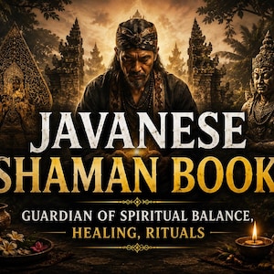 May include: A book cover titled JAVANESE SHAMAN BOOK: GUARDIAN OF SPIRITUAL BALANCE, HEALING, RITUALS. The image features a person in traditional headwear, a stone statue, a smoking incense bowl, and a lit candle against a dark, atmospheric background.