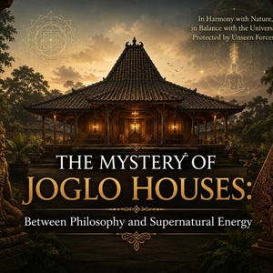 Może przedstawiać: Cyfrowa ilustracja tradycyjnego jawajskiego domu Joglo o zachodzie słońca. Tekst głosi: THE MYSTERY OF JOGLO HOUSES: Between Philosophy and Supernatural Energy. In Harmony with Nature, in Balance with the Universe, Protected by Unseen Forces.