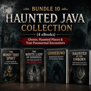 May include: A digital bundle of four ebooks titled Haunted Java Collection, featuring dark, atmospheric cover art. The books are titled The Money Thief Spirit, The White Lady of Indonesia, Genderuwo, and Haunted by the Unborn, set against a dark background.