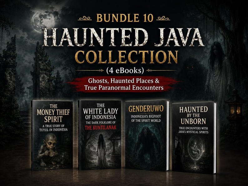 May include: A digital bundle of four ebooks titled Haunted Java Collection, featuring dark, atmospheric cover art. The books are titled The Money Thief Spirit, The White Lady of Indonesia, Genderuwo, and Haunted by the Unborn, set against a dark background.