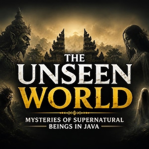 May include: A digital poster titled THE UNSEEN WORLD: MYSTERIES OF SUPERNATURAL BEINGS IN JAVA. The image features a central stone gate, a dark forest, and four distinct supernatural figures surrounding the bold white and gold text.