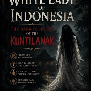 May include: A book cover titled The White Lady of Indonesia: The Dark Folklore of the Kuntilanak. It features a figure in a long white dress with long black hair standing before a dark building under a full moon, with four circular icons.