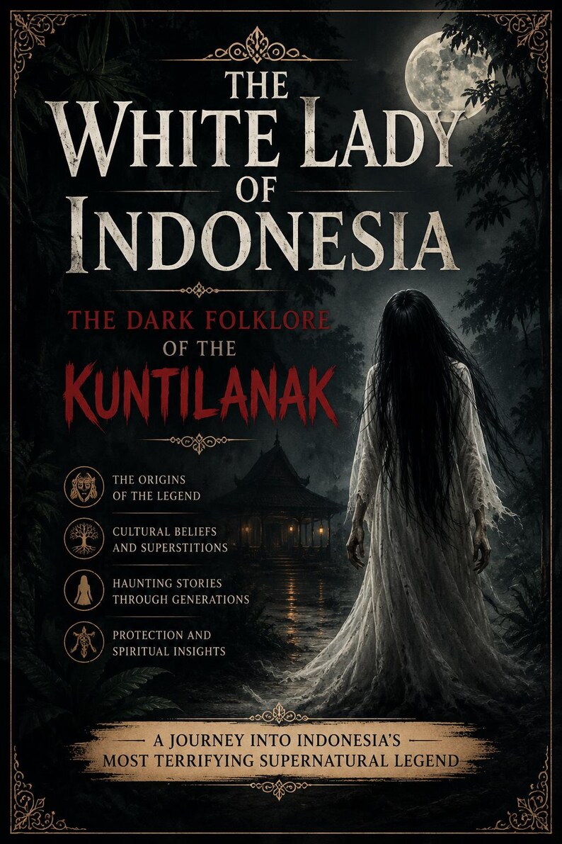 May include: A book cover titled The White Lady of Indonesia: The Dark Folklore of the Kuntilanak. It features a figure in a long white dress with long black hair standing before a dark building under a full moon, with four circular icons.