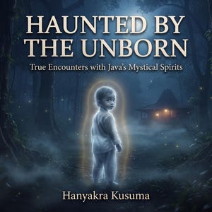 Op de afbeelding: Een boekomslag met de titel HAUNTED BY THE UNBORN: True Encounters with Java's Mystical Spirits door Hanyakra Kusuma. Het toont een gloeiend, etherisch kind dat in een donker, mistig bos staat met een traditioneel huis op de achtergrond.