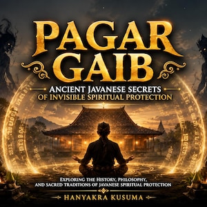 May include: A book cover titled PAGAR GAIB ANCIENT JAVANESE SECRETS OF INVISIBLE SPIRITUAL PROTECTION by HANYAKRA KUSUMA. It features a person meditating before a traditional building, flanked by two stone statues within a glowing golden circle.