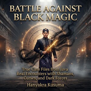 May include: A book cover titled BATTLE AGAINST BLACK MAGIC, True Case Files from Java, Real Encounters with Shamans, Curses, and Dark Forces by Hanyakra Kusuma, featuring a person in traditional Javanese attire holding a glowing sword with dark smoke.